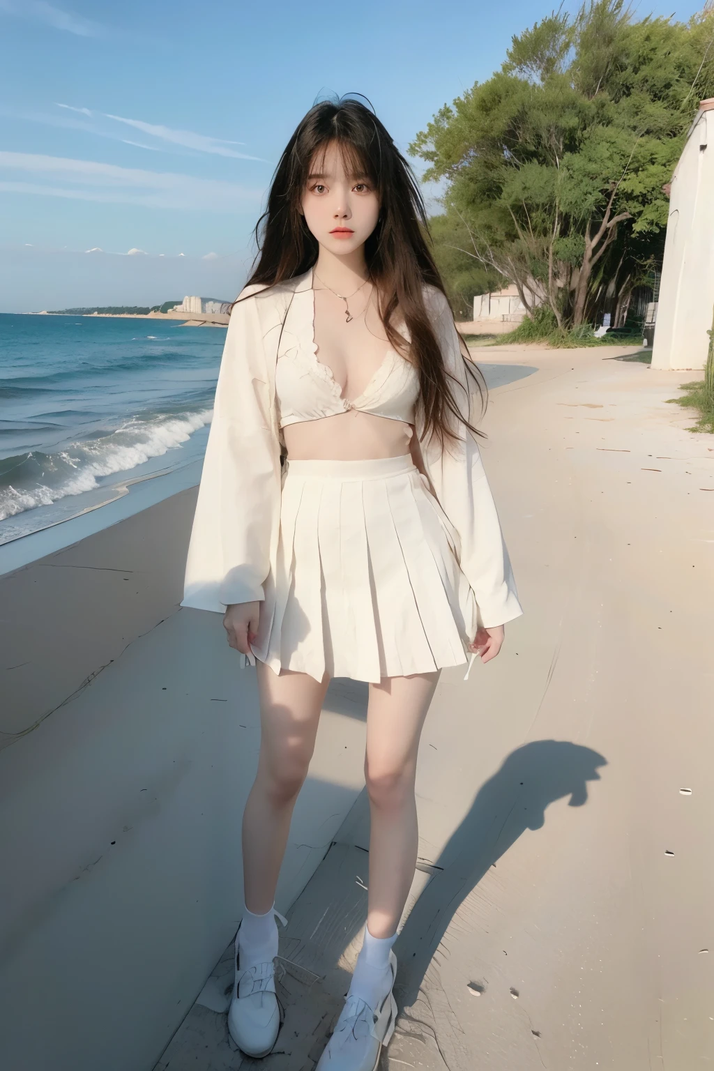 Beautiful woman with perfect body:1.4,Prominent cleavage,Layered Hairstyle,Highly detailed face and skin textures,Double eyelids,Skin Whitening,Long hair,Whitened long legs,(girls' school uniforms,necklace),Standing by the sea,Half-length photo