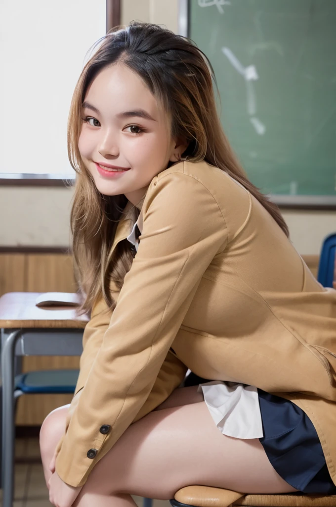 best quality, face focus, soft light, (depth of field) ,ultra high res, (photorealistic:1.4), RAW photo,
(upper knees:1.4) ,(from side)
1 girl, solo, cute, (shy, smile:1.1), (brown eyes),  detailed beautiful face, (long hair ), 
High School Classroom, (sit chair),
(school uniform:1.4,dark brown skirt,light brown shirt)