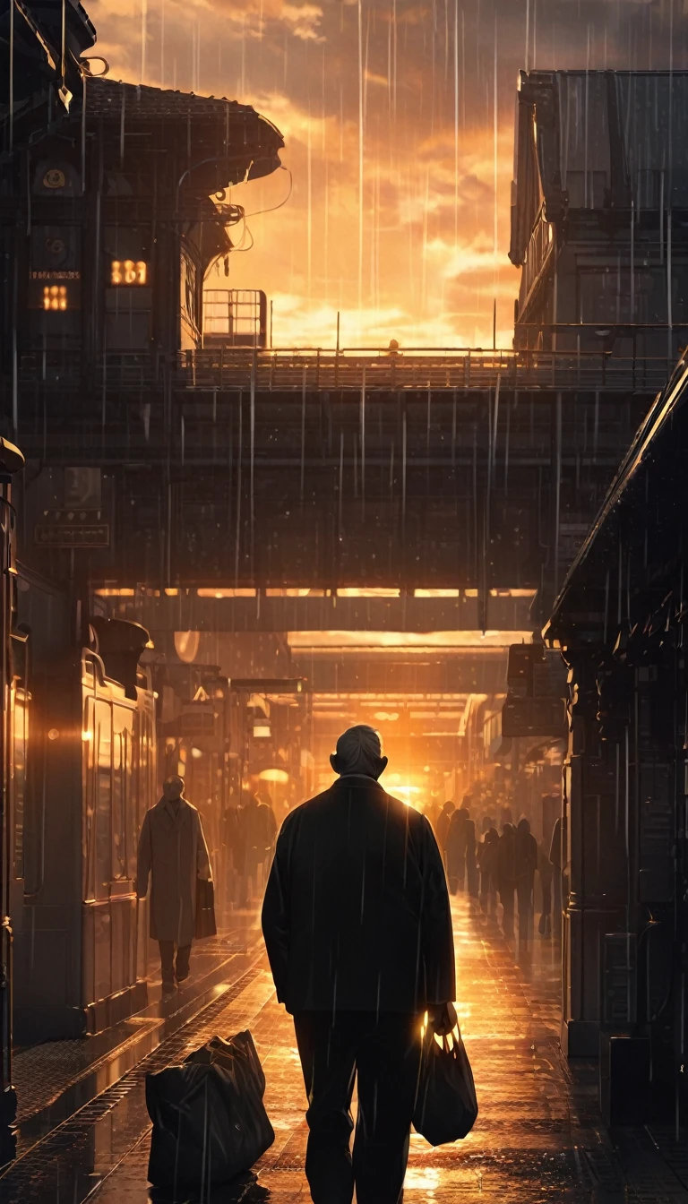 rainy days,Old man back,with a bag of oranges,station,sunset,backlight,high quality,movie atmosphere,black and white,monochrome,