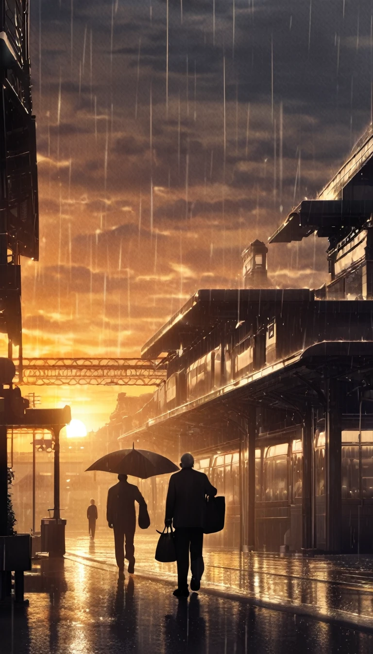 rainy days,Old man back,with a bag of oranges,station,sunset,backlight,high quality,movie atmosphere,black and white,monochrome,