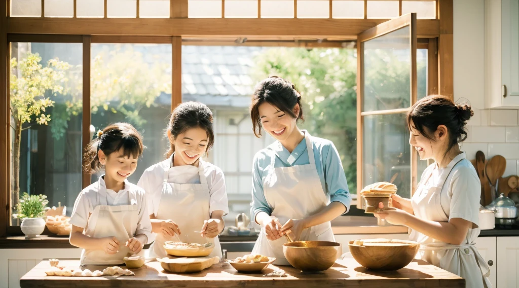 Smiling Japanese children and their mother, Making pastries and pies, Home kitchen with large windows, Natural light, Very detailed.