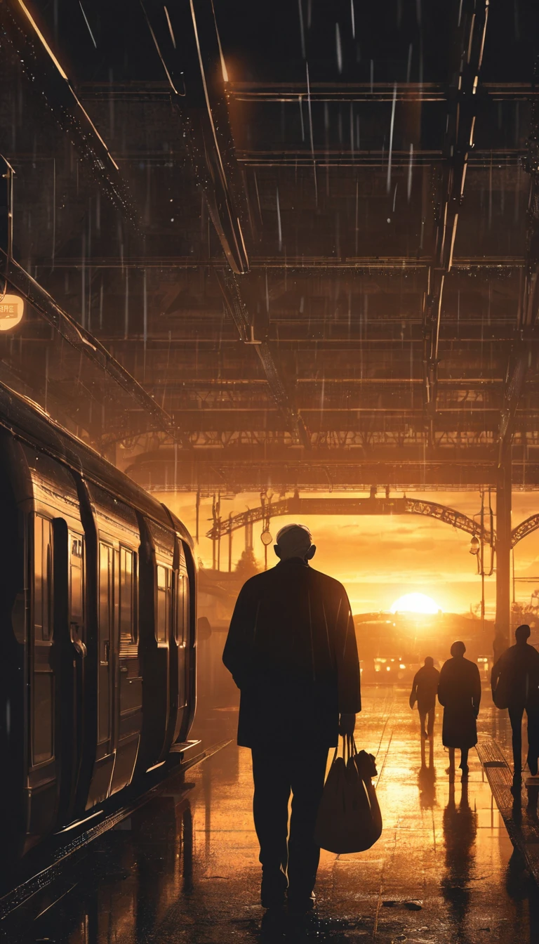rainy days,Old man back,with a bag of oranges,station,sunset,backlight,high quality,movie atmosphere,black and white,monochrome,