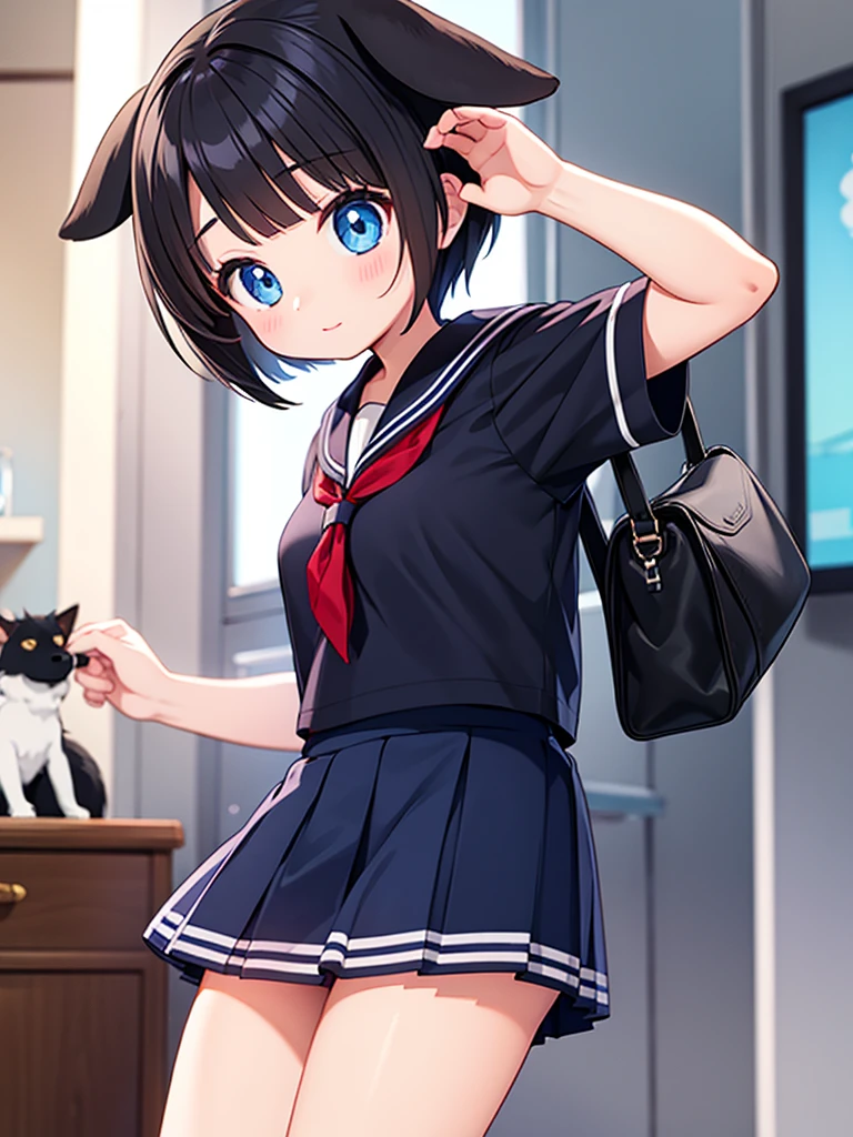 Short black hair Adult female Dog Ears Dark blue colored eyes Wearing a sailor uniform
