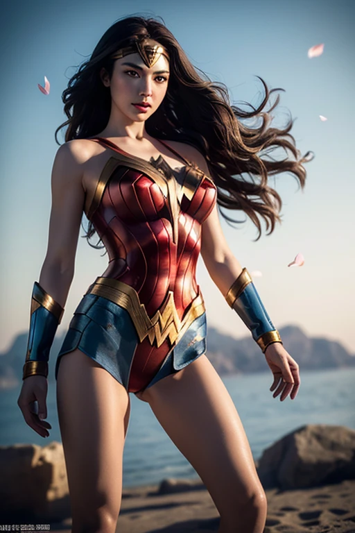 Wonder Woman cosplay costume,Big breasts,High Detail,8K resolution,Ultra-high resolution,Fine details,Correct proportion,Rich details,Flying petals,Floating hair, girl,Realism,3D,Delicate skin,Perfect Shadow,light