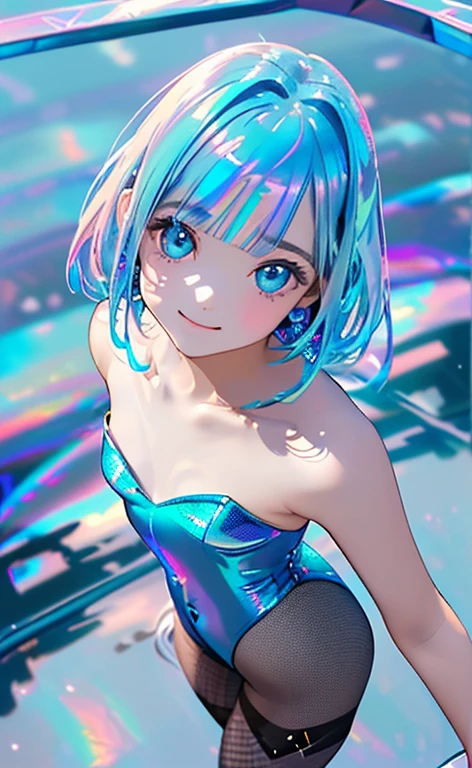 (Photorealistic:1.4)、(16-year-old:1.5),(masterpiece、lens flare、Exquisite beautiful eye:1.5,portlate:1.5),(),(kind eyes、tareme:1.9),(Close-up of face,face focus1.7)、(looking up at viewer),(from above:1.6)、Cute Face、 3D Face、(aqua hair:1.5)、(long hair,:1.2),(sidelock :1.3),(blunt bangs:1.3),(1 lgirl)、(aqua eyes:1.2)、(cowboy shot:1.5)、、(smile:1.2)、(Fishnet tights:1.3).(),(head tilt) ,(),(flat chest),(),(hologram strapless leotard :1.5),(art background:1.5)、(Detail)、(Reflection:1.5)、Slim Body(),Shiny Hair、laser、chr0m3dr3ss, dress, chrome dress,