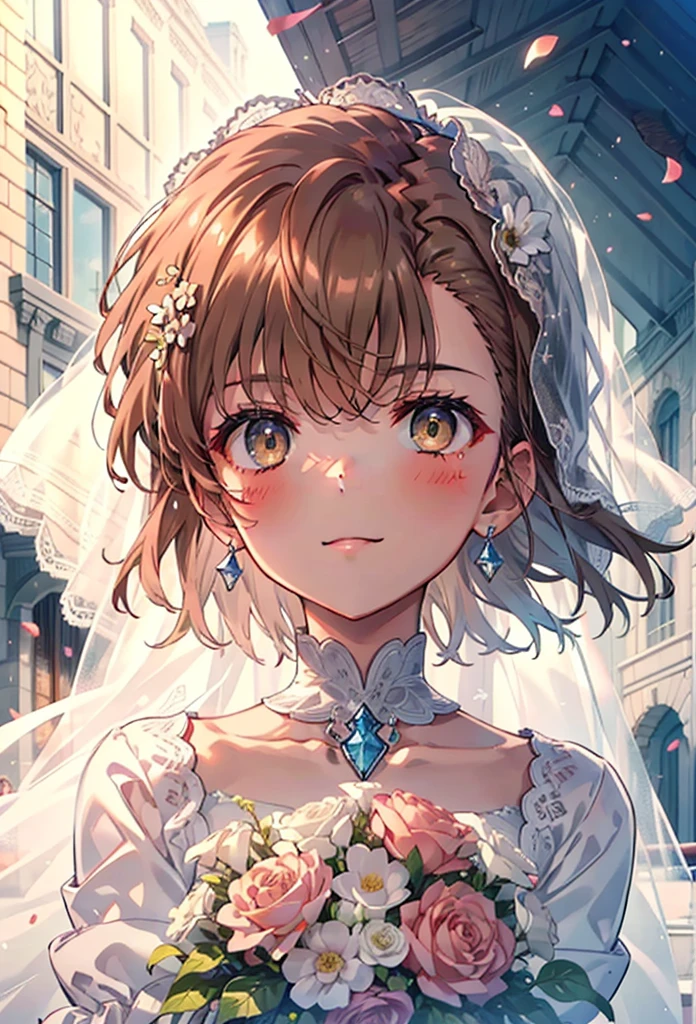 8k,highest quality,masterpiece,(((Pixel Perfect, Perfect in every detail))), alone, 1 girl, ,Mycotrose, Brown eyes,Brown Hair,short hair,Open your mouth,smile,blush,Flower Hair Ornaments,Veil,Wedding dress,Wedding Skirts,holding a bouquet with both hands,Flower Storm, break outdoors, Chapel,Association, break lookでg at viewer, Upper Body,(Cowboy Shot:1. 5) , break (masterpiece:1.2), highest quality, High resolution, unity 8k wallpaper, (shape:0.8), (Beautiful details:1.6), Highly detailed face, Perfect lightでg, Highly detailed CG, (Perfect hands, Perfect Anatomy),