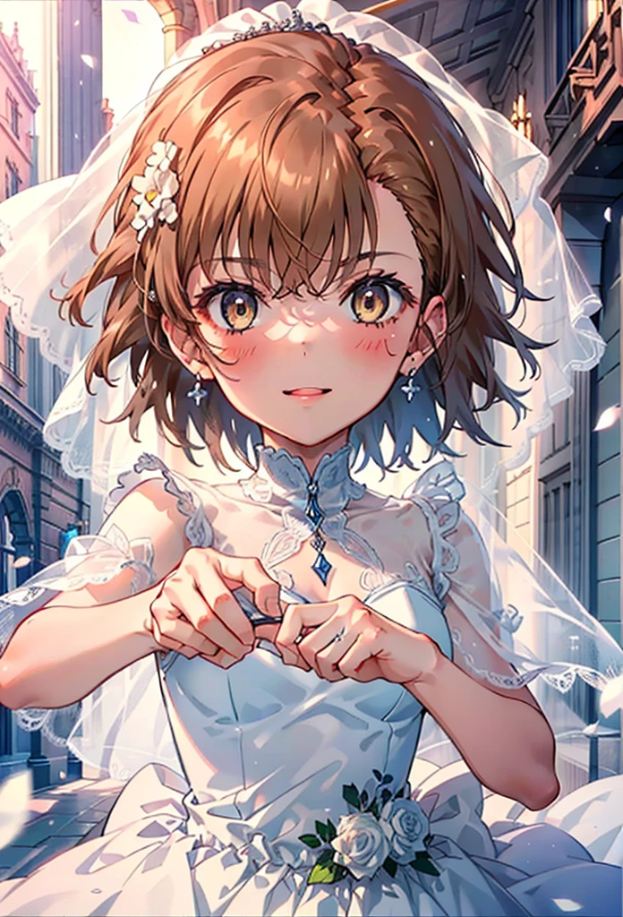 8k,highest quality,masterpiece,(((Pixel Perfect, Perfect in every detail))), alone, 1 girl, ,Mycotrose, Brown eyes,Brown Hair,short hair,Open your mouth,smile,blush,Flower Hair Ornaments,Veil,Wedding dress,Wedding Skirts,holding a bouquet with both hands,Flower Storm, break outdoors, Chapel,Association, break lookでg at viewer, Upper Body,(Cowboy Shot:1. 5) , break (masterpiece:1.2), highest quality, High resolution, unity 8k wallpaper, (shape:0.8), (Beautiful details:1.6), Highly detailed face, Perfect lightでg, Highly detailed CG, (Perfect hands, Perfect Anatomy),