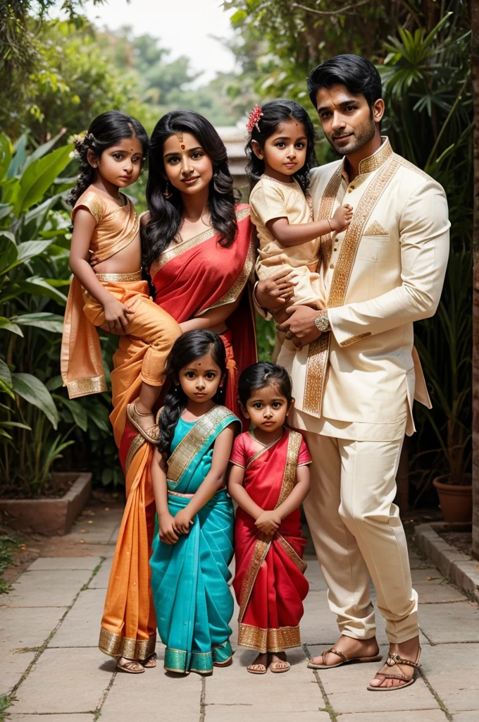 A beautiful women wear saree and a handsome man wearing Indian outfit stand with four small children 