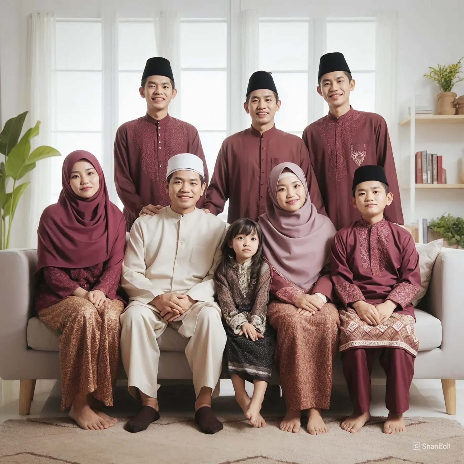 photo of an Indonesian family, 8 members, grandfather and grandmother aged 57 years, sitting on the sofa, holding one daughter aged 4 years and one boy aged 14 years standing in front, three adult men and 1 adult woman standing behind. They wore maroon Muslim clothes together and luxurious sharia robes in matching colors. realistic photo, day lighting, green flower vase, best photography results, white minimalist living room, UHD, 32k