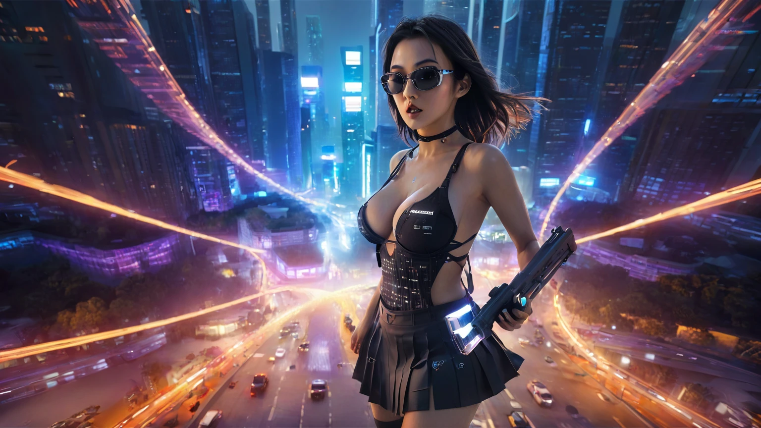 UE 5, computer render, Rendered by Octane, (8K, tmasterpiece), (realistically, Photo degree:1) luminescent concept art, (((((aerial view))))) of Cyberpunk city scene, ((Surreal circuit architecture)), (((((supercars street racing, 1 drone))))). Matrix style, (((((Matrix cascading code))))), (((((a futuristic twin tower skyscraper with a unique twisted design))))), (((((OLED GUI interfaces in the building))))), at night, (((((1girl, solo))))), photo realistic, (((large-breast:1.2 slim body, cleavage))), (((off torn mini matrix-code sling-shirt and black sling bra, extreamly short pleated matrix-code miniskirt exposing panty))), (((((running pose))))), (((((((matrix style black micro sunglasses))))))), ((((((((((aiming with a short gun)))))))))), (((((looking at camera))))), (((very low view))), (((((half-body thigh level medium shot))))), (((cinematic lighting))).