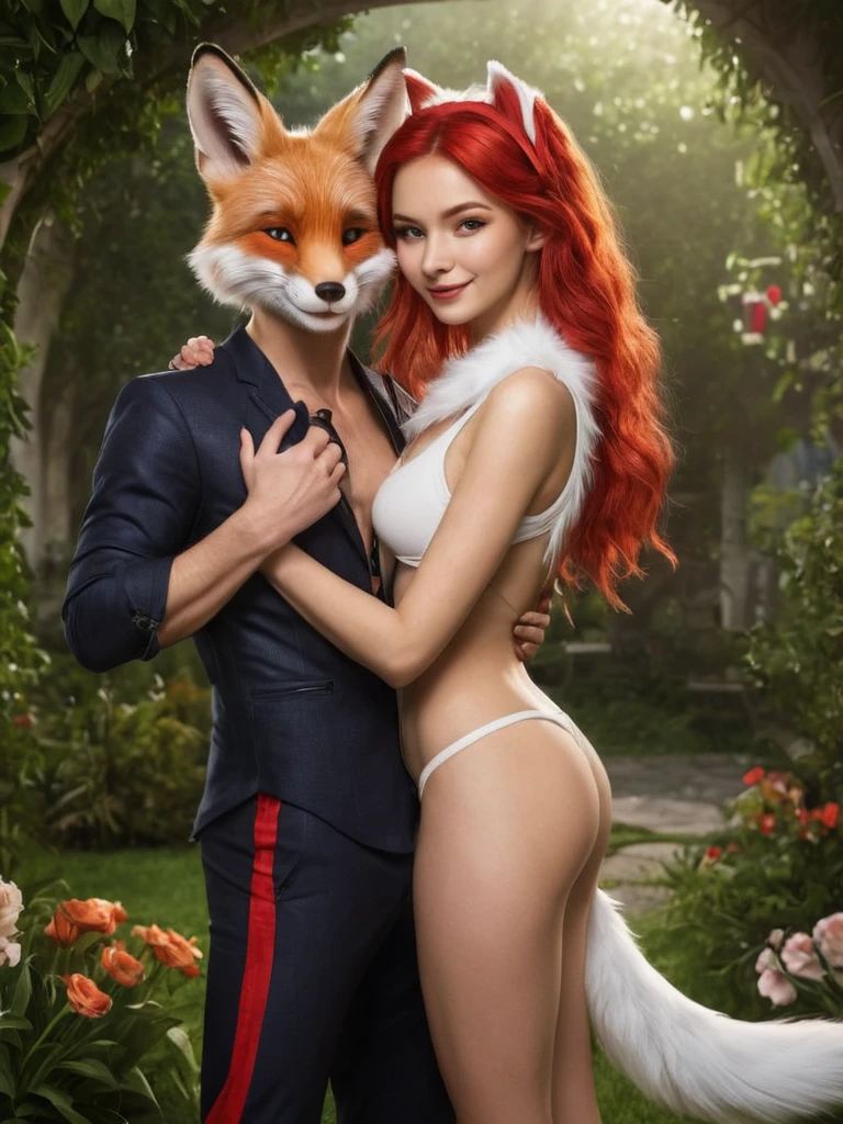 A high-resolution image featuring a (fox boy) embracing a (rabbit girl), conveying love and happiness. The fox boy has sharp, handsome features, with soft red fur, pointed ears, and a fluffy tail. He is dressed in casual, modern clothing that accentuates his lean, athletic physique. The rabbit girl, with long, delicate ears and smooth, white fur, gazes lovingly at him. Her attire is stylish and alluring, highlighting her seductive body. The couple is captured mid-embrace, their expressions filled with joy and affection. The background is a beautifully lit, serene garden with vibrant flowers and greenery, enhancing the romantic and happy atmosphere.