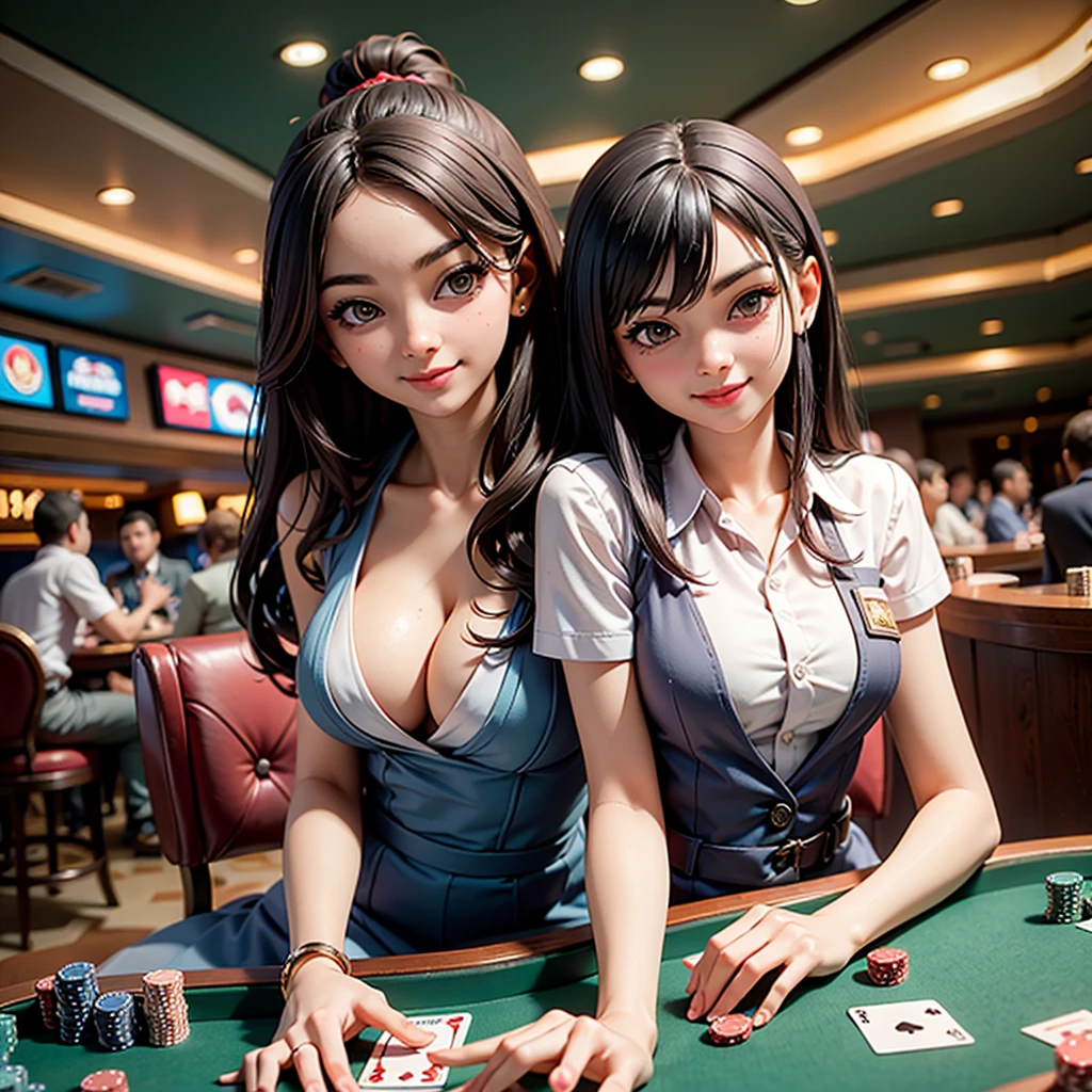one girl, luxurious casino, elegant, opulent, card table, rich people, people playing cards in background, croupier, customer service, poker table, happy pretty smile, flirting you, loooking at you, in the middle thinking of you,