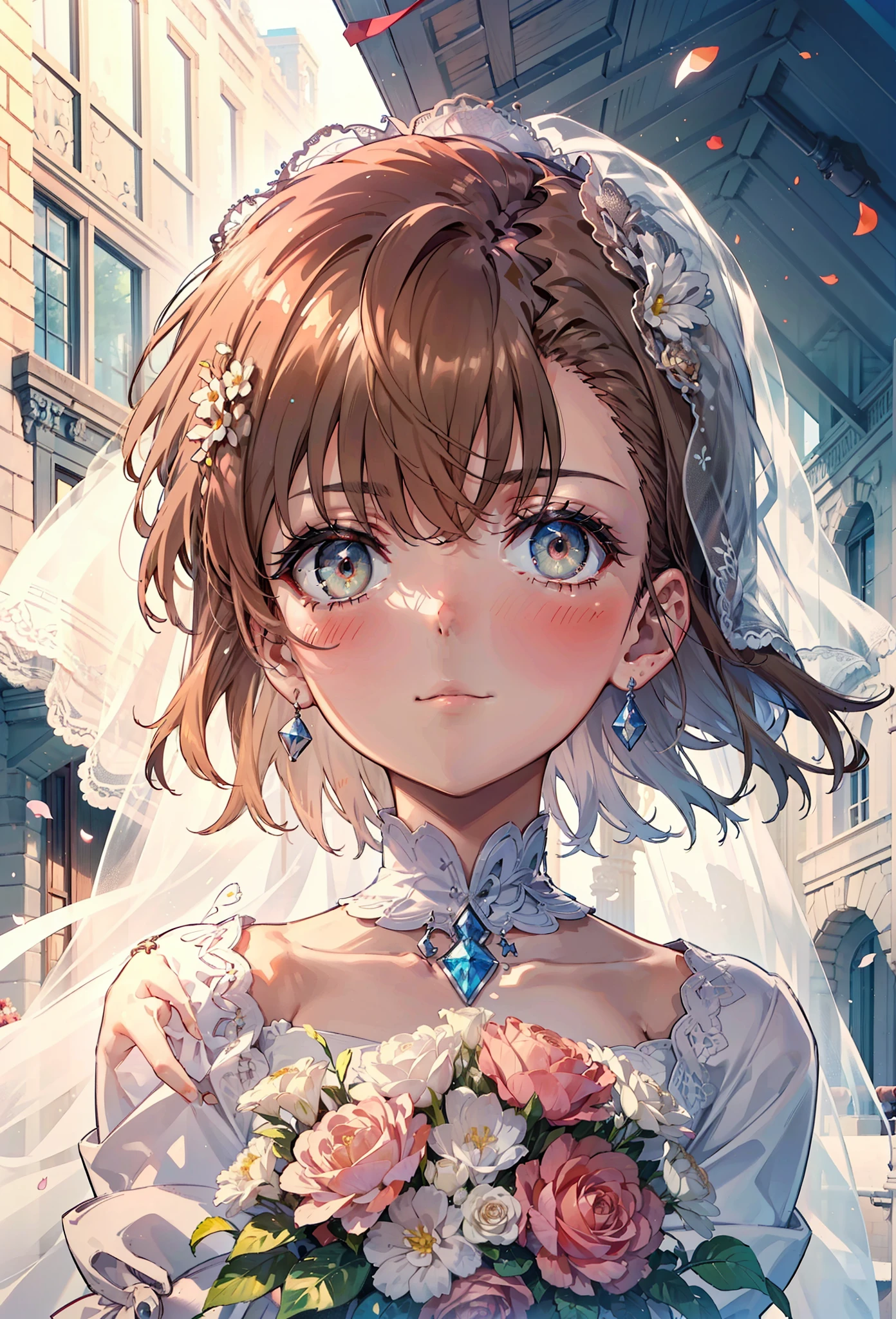 8k,highest quality,masterpiece,(((Pixel Perfect, Perfect in every detail))), alone, 1 girl, ,Mycotrose, Brown eyes,Brown Hair,short hair,Open your mouth,smile,blush,Flower Hair Ornaments,Veil,Wedding dress,Wedding Skirts,holding a bouquet with both hands,Flower Storm, break outdoors, Chapel,Association, break lookでg at viewer, Upper Body,(Cowboy Shot:1. 5) , break (masterpiece:1.2), highest quality, High resolution, unity 8k wallpaper, (shape:0.8), (Beautiful details:1.6), Highly detailed face, Perfect lightでg, Highly detailed CG, (Perfect hands, Perfect ),