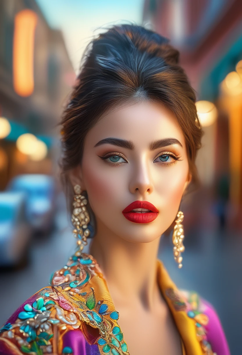 a beautiful woman, a female model, outdoor, city street, urban architecture, beautiful detailed eyes, beautiful detailed lips, extremely detailed eyes and face, long eyelashes, elegant pose, dynamic action, colorful clothing, intriguing expression, (best quality, 4k, 8k, highres, masterpiece:1.2), ultra-detailed, (realistic, photorealistic, photo-realistic:1.37), HDR, UHD, studio lighting, ultra-fine painting, sharp focus, physically-based rendering, extreme detail description, professional, vivid colors, bokeh, portrait, photography, cinematic lighting, warm color tones