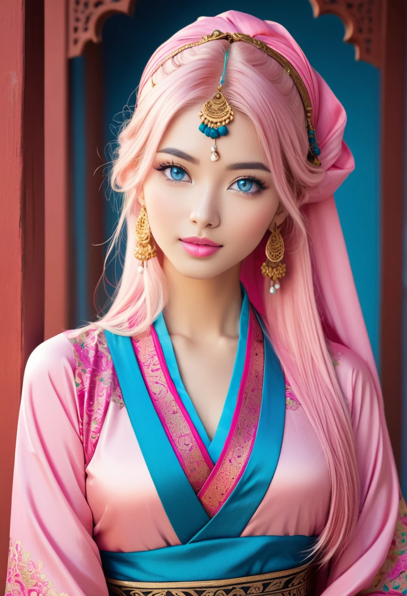 Young woman, light pink hair without bangs, thin pink lips, bright blue eyes Oriental costume, Indian clothing style