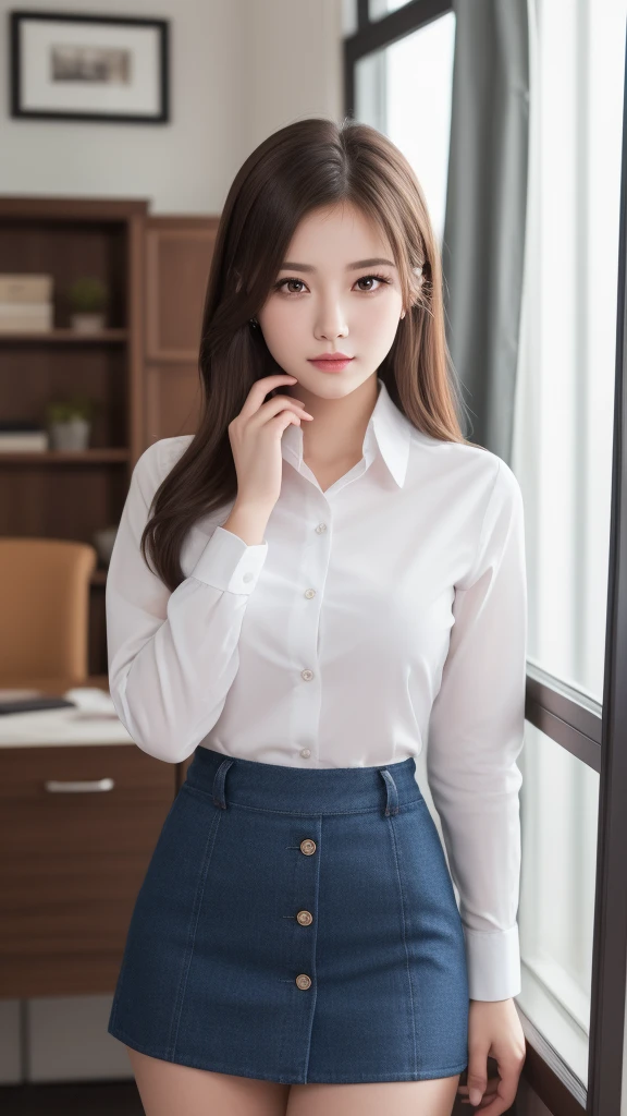 (ung woman), kawaii face, (highly detailed face), Amazing face and eyes, (Best Quality:1.4), (Ultra-detailed), (extremely detailed CG unified 8k wallpaper), Highly detailed, High-definition raw color photos, Professional Photography, Realistic portrait, Amazing face and eyes, Pink eyes, indoors, office, (office lady, button shirt, miniskirt,:1.3), model, depth of fields, (fine face:1.2),