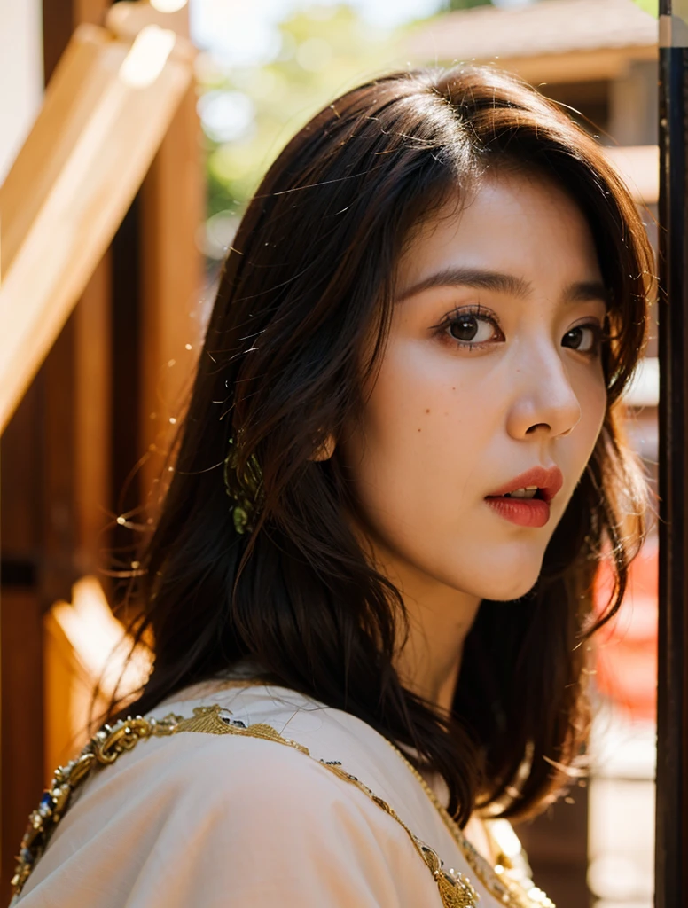 (8k,masterpiece,There's nothing wrong with it., Realistic :1.3), best quality, portrait , Realistic, face focus, 1 woman, brown long hair, Traditional Thai costume , ( comfortable:1.2), temple background, (breeze:1.2),(sun lighting:1.2)