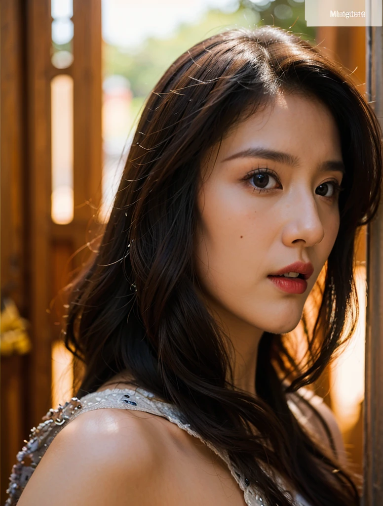 (8k,masterpiece,There's nothing wrong with it., Realistic :1.3), best quality, portrait , Realistic, face focus, 1 woman, brown long hair, Traditional Thai costume , ( comfortable:1.2), temple background, (breeze:1.2),(sun lighting:1.2)