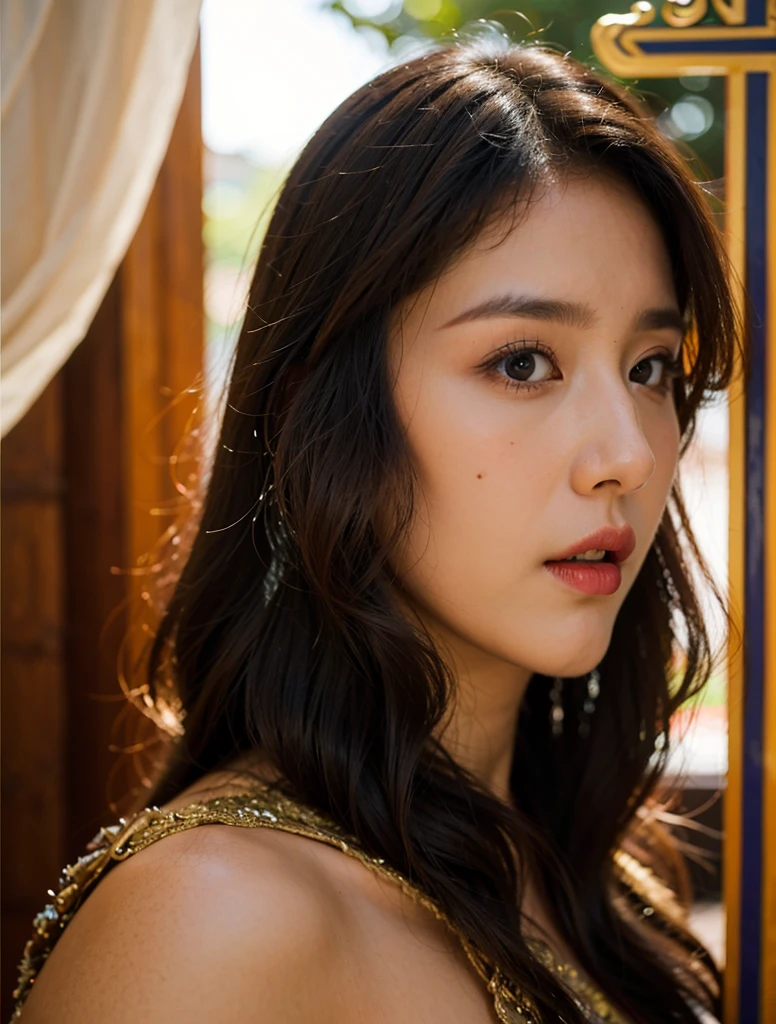 (8k,masterpiece,There's nothing wrong with it., Realistic :1.3), best quality, portrait , Realistic, face focus, 1 woman, brown long hair, Traditional Thai costume , ( comfortable:1.2), temple background, (breeze:1.2),(sun lighting:1.2)