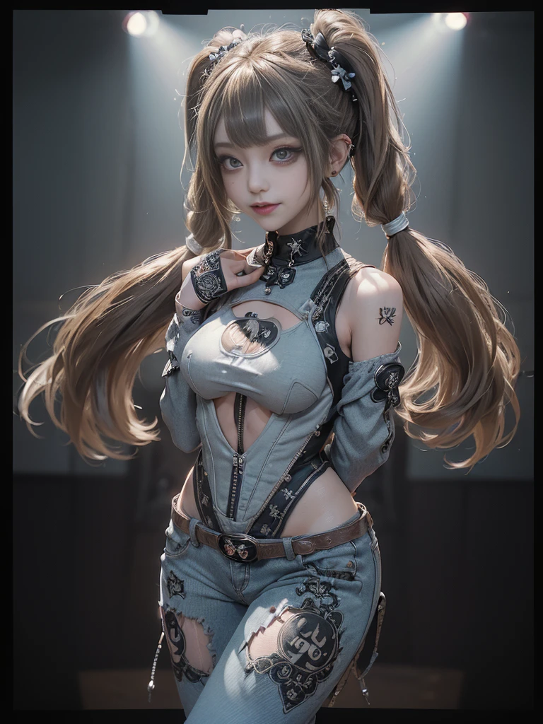 (Full Body View:1.4)、(Full body:1.2)、(Smiling with teeth showing:1.3),(Shibuya Gal:1.5)、(Gothic ta style fashion:1.5)、(Punk RockVisual Kei:1.5)、(Wearing a rhythmic gymnastics bodysuit with intricate details:1.4)、(Racing suit and pants with intricate decorations in white, denim and charcoal:1.5)、(Denim and light blue and white boots:1.3)、((belt))、(Numerous delicate logo marks all over the costume:1.4)、(collar:1.3)、(Polka dot underwear:1.5)、20-year-old、NSFW、((highest quality、In 8K、masterpiece:1.3))、Sharp focus:1.2、(Layered Cut、Huge boobs:1.1),Beautiful woman with perfect figure:1.4、(do a gravure pose:1.3)、Slender Abs:1.2、Highly detailed face and skin texture、Detailed eyes、double eyelid,(Twin tails:1.3)、(Brown-golden hair:1.3)、Gravure idol、(The background is the stage of the fashion show:1.3)、(Slim body:1.3),(Make your legs thinner:1.4),(clavicle:1.1)
