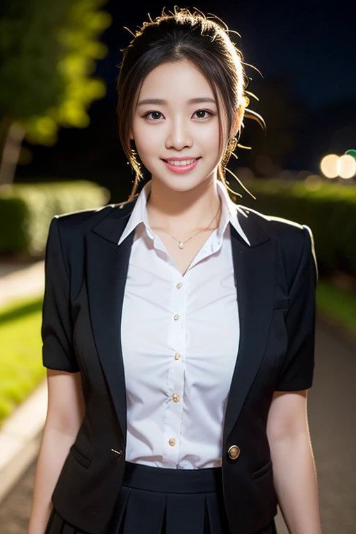 a gorgeous lady, age 22, Formal Skirt Suit with Blouse, posing naturally under night sky, dimpled smile, short ponytail, cute snaggleteeth, ample round bosom, photorealistic, beautiful detailed eyes, hyper-realism, high contrast, ultra HD, realistic skin textures, top image quality, top-quality, super high resolution, fine details, very meticulously, bokeh background