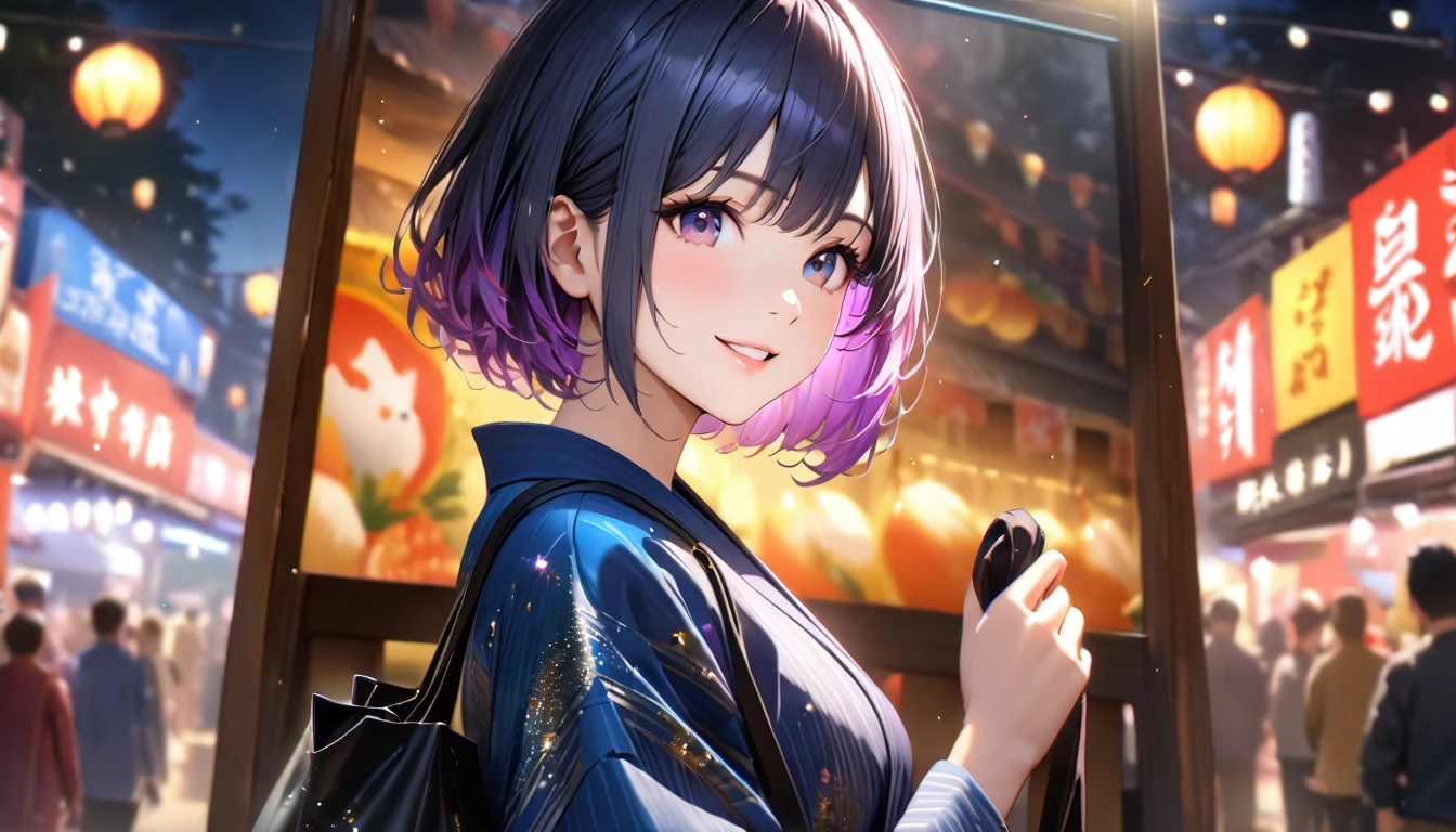 Summer festival,night, yukata, Have a chocolate banana,Blur the background,High school girls,short hair,smile,Glitter effect,highest quality, 4K, 8k, High resolution, masterpiece:1.2, Very detailed, Realistic:1.37, High resolution, 超High resolution, Ultra-fine painting, Sharp focus, Physically Based Rendering, Very detailedな説明, Professional, Vibrant colors