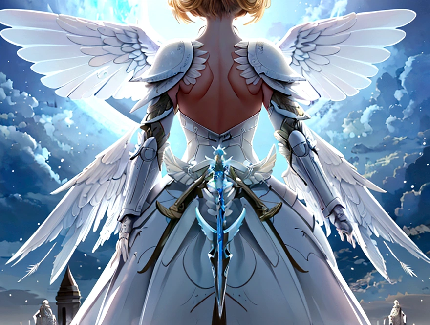 (a back view model shot taken from the rear: 1.5), female angel (Masterpiece, intense details: 1.3), paladin, holy warrior, short blond hair, determined face, full body, armed with sword, holy symbol, (wearing white armor: 1.3), (wings sprouting from the back: 1.3) spread large feathered wings, majestic wings, white angelic wings, moon light, moon, stars, clouds, cemetery background, anatomically correct (Masterpiece, intense details: 1.3), god rays, cinematic lighting, glowing light, photorealism, panoramic view, Wide-Angle, Ultra-Wide Angle, 16k, highres, best quality, high details, ultra detailed, masterpiece, best quality, (extremely detailed), arafed, dnd art, armored dress