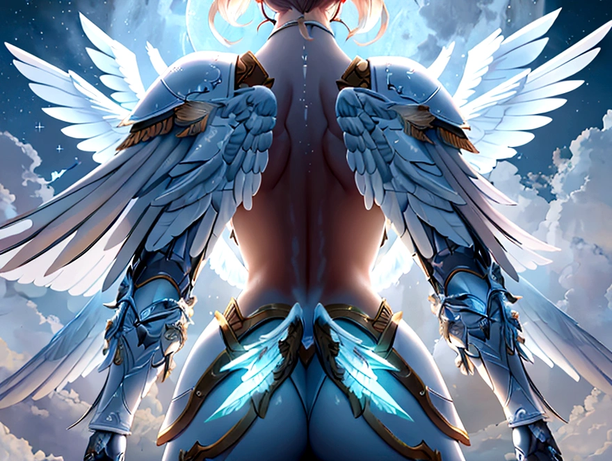 (a back view model shot taken from the rear: 1.5), female angel (Masterpiece, intense details: 1.3), paladin, holy warrior, short blond hair, determined face, full body, armed with sword, holy symbol, (wearing white armor: 1.3), (wings sprouting from the back: 1.3) spread large feathered wings, majestic wings, white angelic wings, moon light, moon, stars, clouds, cemetery background, anatomically correct (Masterpiece, intense details: 1.3), god rays, cinematic lighting, glowing light, photorealism, panoramic view, Wide-Angle, Ultra-Wide Angle, 16k, highres, best quality, high details, ultra detailed, masterpiece, best quality, (extremely detailed), arafed, dnd art, armored dress