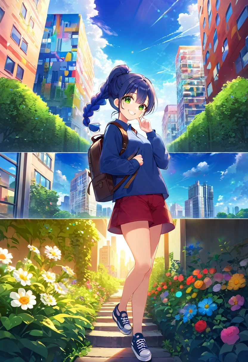highest quality、High resolution、Detailed Background、(Beautiful face in every detail:1.4)、Anatomically correct、(Detailed facial expressions)、(Detailed eyes:1.2)、Teenage beauty、(Highly detailed face:1.4)、cuteカラーの髪色、Braided bob cut、Braided Ponytail、cute髪型、well-groomed eyebrows、Perfect body line、Glasses、A big smile、Smiling、A fun atmosphere、cute仕草、Active play and cute appearance、
(3人の美しい女の子が並んでA big smileで自撮りを撮っている:1.5)、
Beautiful natural scenery such as lush parks, blue skies and white clouds make a great background.、
The silhouettes of skyscrapers and modern architecture create a sophisticated atmosphere.、The illuminated buildings at dusk are particularly impressive.、
Bright flowers々The lush greenery adds a touch of natural color.、Flowers in a vase, garden views, etc.、
Colorful graffiti and artwork on the walls create an artistic atmosphere.、
T-shirts and polo shirts、Long sleeve cut and sew、jeans、Knee-length or skinny jeans are recommended、
Shorts、Flared skirts and culottes are cute.、
sneakers、Sandals、A strap is recommended、
Backpack、Sacoche、キャップやバケットハットがcute、cute