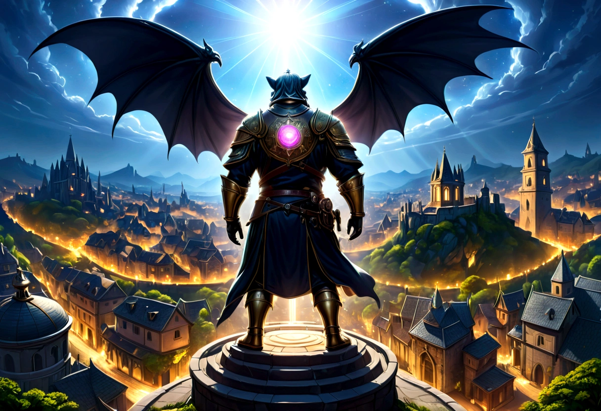 a view of fantasy medieval city, taken from the top of church of , at night, the shot taken while standing behind the statue of a gargoyle on the roof, 16K, ultra detailed, masterpiece, best quality, (extremely detailed), arafed, dnd art, god rays, cinematic lighting, glowing light, silhouette, from outside, photorealism, panoramic view (Masterpiece, intense details: 1.5) , Wide-Angle, Ultra-Wide Angle, aetherpunkai