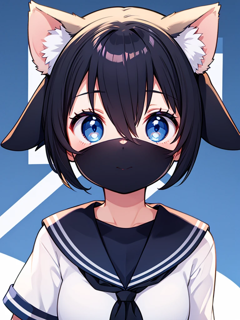 Short black hair Adult female Dog Ears Dark blue colored eyes Wearing a sailor uniform