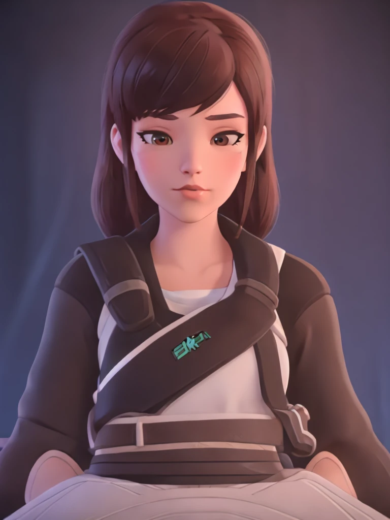 DVA from Overwatch without her roboter, 1 girl solo in her bedroom, a plain white t shirt, round glasses, tied up short brown hair, full upper body, 8k, overwatch cinematic, high res, cgi, physically based render, high quality, volumetric lighting