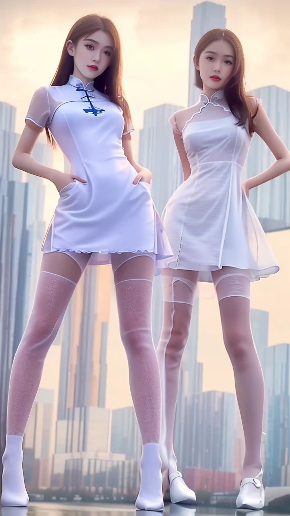 Best quality, Masterpiece, (Realistic:1.2), Medium shot of a 20-year-old brunette wearing a transparent cheongsam dress, high camera angles, Looking up, The skyline in the background is out of focus, Detailed face, Beautiful eyes, Thick jawline，white stockings