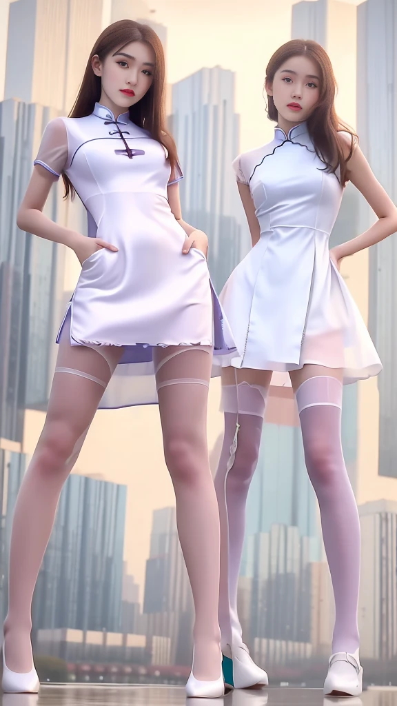 Best quality, Masterpiece, (Realistic:1.2), Medium shot of a 20-year-old brunette wearing a transparent cheongsam dress, high camera angles, Looking up, The skyline in the background is out of focus, Detailed face, Beautiful eyes, Thick jawline,white stockings
