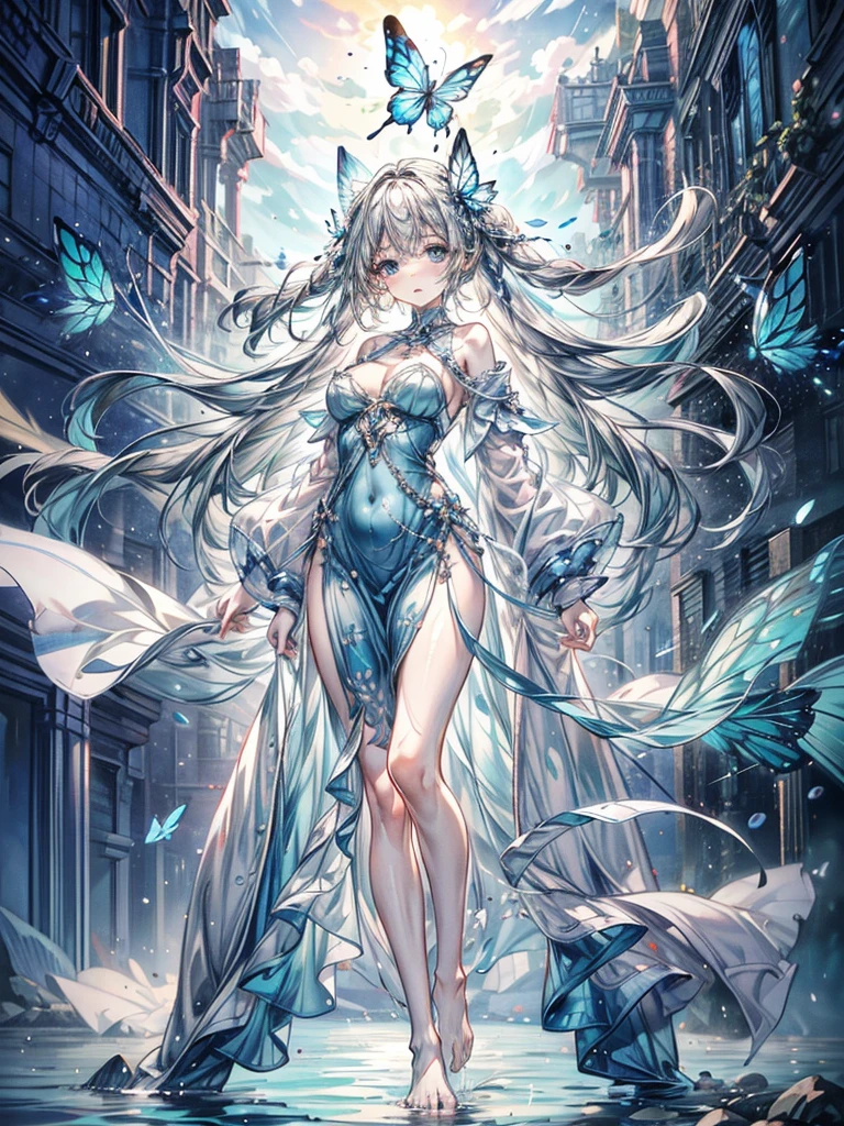 One beautiful woman、Walking towards the viewer、whole body、Full of Ourselves、Beautiful feet、Gray Hair、Blue eyes that shine like jewels、Turquoise Dress、butterfly dress、mysterious、Super detailed、highest quality、masterpiece、On the Sea、water surface、water pattern、water droplets、barefoot、Light of the sun、Transparency