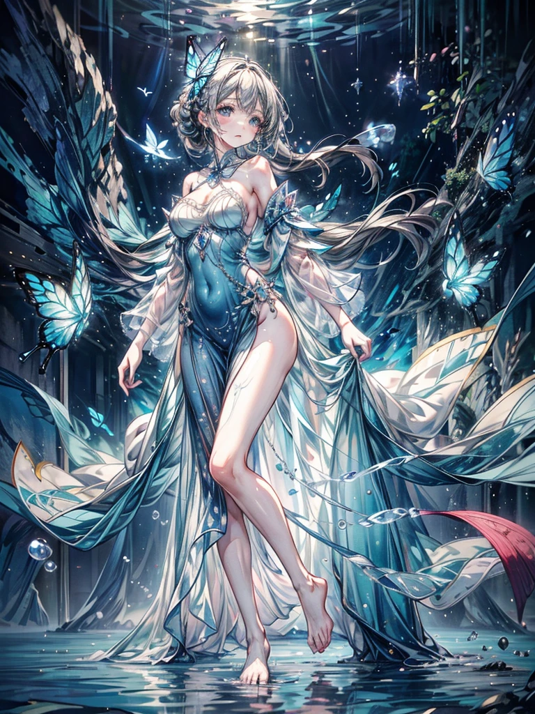 One beautiful woman、Walking towards the viewer、whole body、Full of Ourselves、Beautiful feet、Gray Hair、Blue eyes that shine like jewels、Turquoise Dress、butterfly dress、mysterious、Super detailed、highest quality、masterpiece、On the Sea、water surface、water pattern、water droplets、barefoot、Light of the sun、Transparency