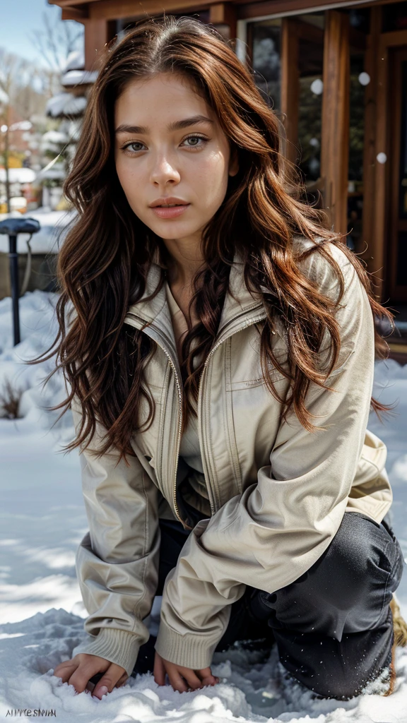 **Ultra-realistic portrait of a young African-American woman of mixed race, medium skin with freckles near the nose, very realistic skin texture, fine, round facial features, black eyes with long black lashes, defined eyebrows, well-defined lips without makeup. athletic physique, medium length wavy red hair, styled in tight curls. Captured with an iPhone 15, the image is ultra-detailed with a physical rendering, vibrant colors and sharp focus.
The avatar is in the snow, it's cold, she's wearing a coat, an ear warmer and ski pants with warm fur boots. We see her in full. She's sitting in the snow, kneeling, crouching, lying down. We see her fur boots. There are fir trees all around her.