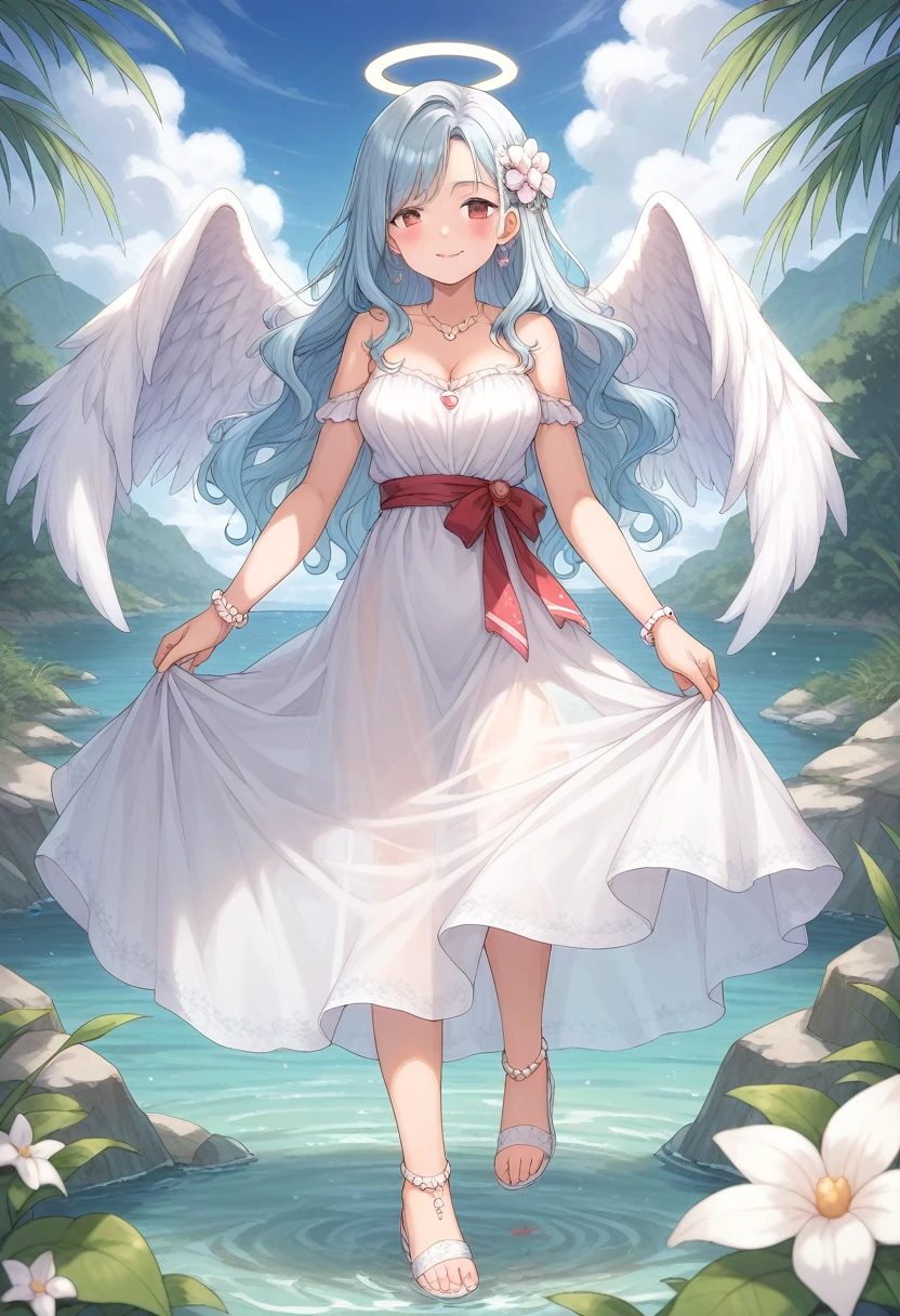 score_9, score_7_up, score_6_up, 1girl, source_cartoon, source_anime,breathtalking Scenery,watercolor,smooth soft skin, natural skin,full body,
BREAK
(20 years old),1girl, (large breasts:1.3),Oily skin,smile,ultra cute face,(alluring physique:0.9),slender,
BREAK
(Long wavy hair:1.4), (Light blue hair:1.3),(pearlwhite angel wings round fold:1.5),garnet eyes,wings round close, eyes open,(angel wings inspired by ice and snow),large intake hairstyle,
BREAK
(Perfect red Heart shaped angel halo:1.4),(Heart shaped red angel halo of light:1.2),(Heart mark angel halo:1.5),(Heart shaped pendant:1.1),
BREAK
white dress inspired by sea ripples and seaweed,wears transparent dress evoking the waves, Elaborate accessories crafted from sea jewels,pale blue dress inspired by ice,dress inspired by snow,(Sash:1.2),red Sash with red heart shaped gem,crystal dress,