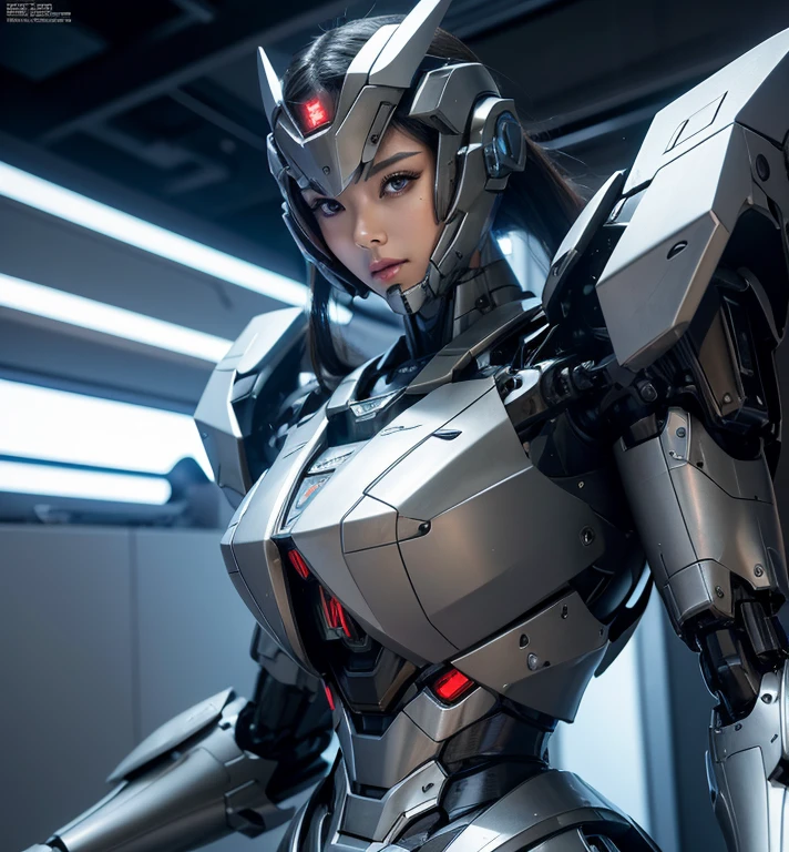 Super detailed, advanced details, high quality, High resolution, 1080p, hard disk, beautiful,(Humanoid Weapons),A powerful cyborg woman, sleek and futuristic, with advanced mechanical augmentations that enhance her strength and capabilities,Capture the big picture,beautiful,Mecha cyborg girl,battle mode,Mecha body girl,She is wearing a futuristic war machine weapon mecha