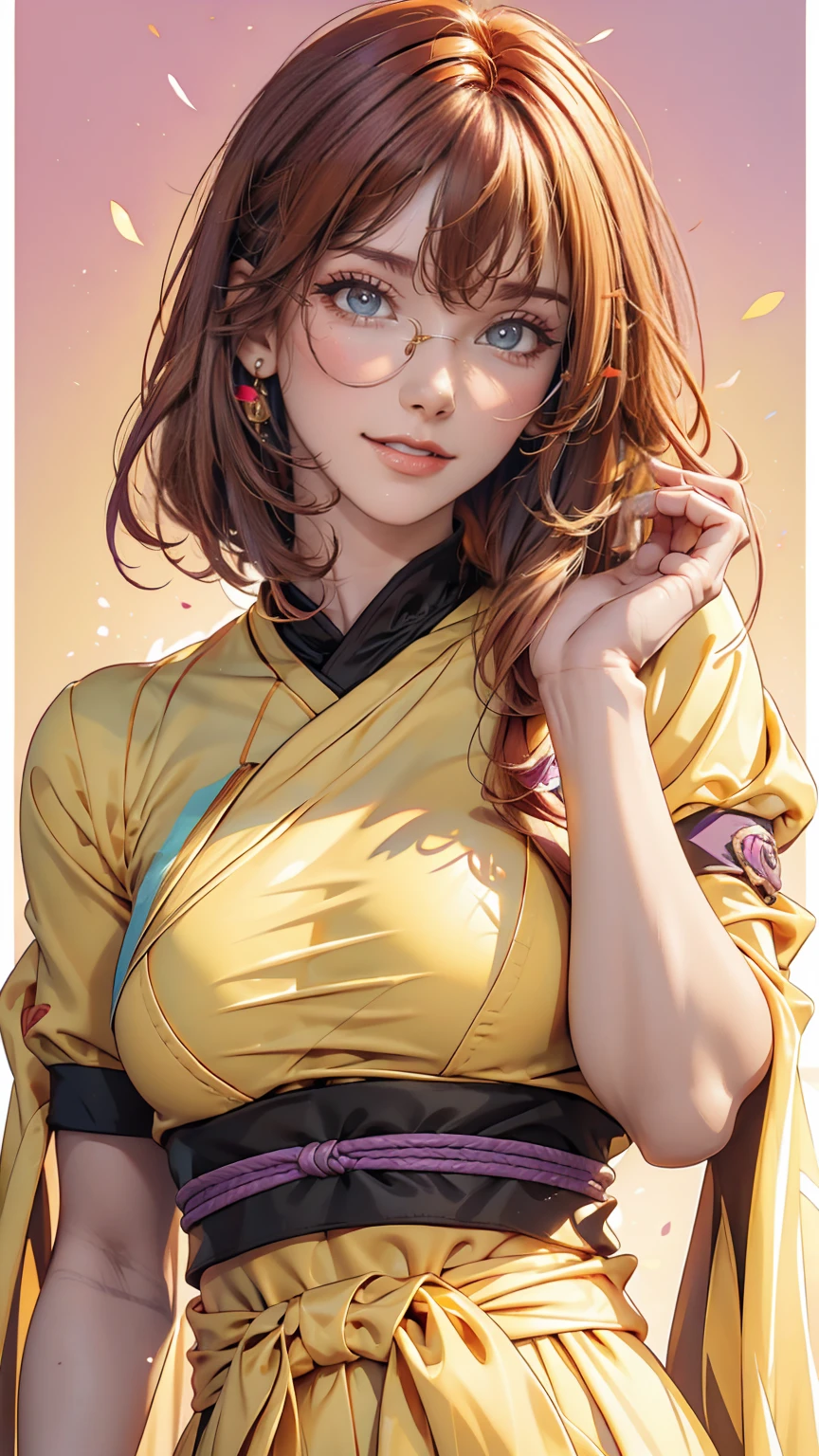 Yae Yoshiko wearing trendy yellow sunglasses, Yellow background, Pink Hair, Purple eyes