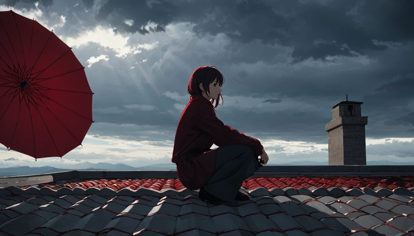 Ultra high definition animation. On a tiled roof with a chimney, a girl is crouching with a red umbrella. Out of focus behind the girl. The sky is full of dark clouds.