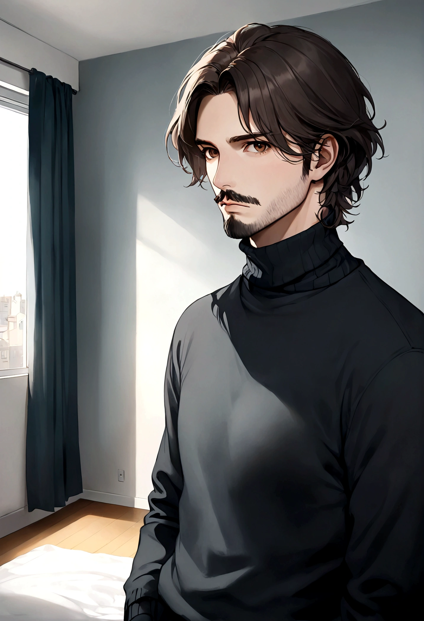 (black turtleneck sweater, A men&#39;s turtleneck sweater), ), ((bigote estilo Van Dyke y (barba de chivo) "Van Dyke", Van Dyke beard)), (light brown eyes), Aspecto atractivo y serio, cabello muy largo oscuro, messy hair, Elegante y con estilo, abrigo elegante color gris largo, Un hombre similar al actor Jim Morrison con el cabello largo, ((cabello muy largo)) (Imagen realista y de alta calidad), Apartamento escandinavo en el fondo simple de un cuarto, ((La mejor calidad, 8K, obra maestra).((pose dinamica))
