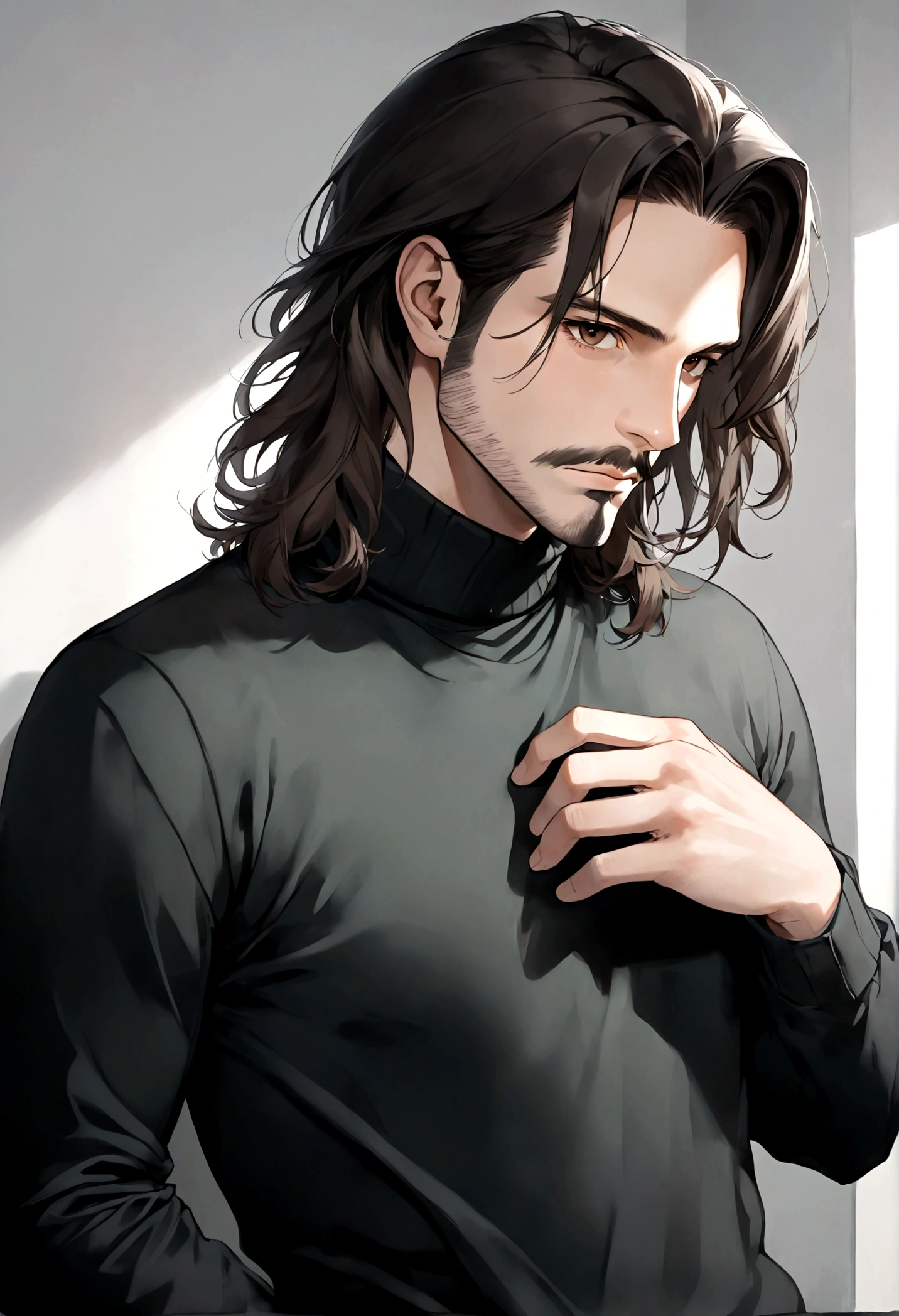 (black turtleneck sweater, A men's turtleneck sweater), ), ((bigote estilo Van Dyke y (barba de chivo) "Van Dyke", Van Dyke beard)), (light brown eyes), Aspecto atractivo y serio, cabello muy largo oscuro, messy hair, Elegante y con estilo, abrigo elegante color gris largo, Un hombre similar al actor Jim Morrison con el cabello largo, ((cabello muy largo)) (Imagen realista y de alta calidad), Apartamento escandinavo en el fondo simple de un cuarto, ((La mejor calidad, 8K, obra maestra).((pose dinamica))