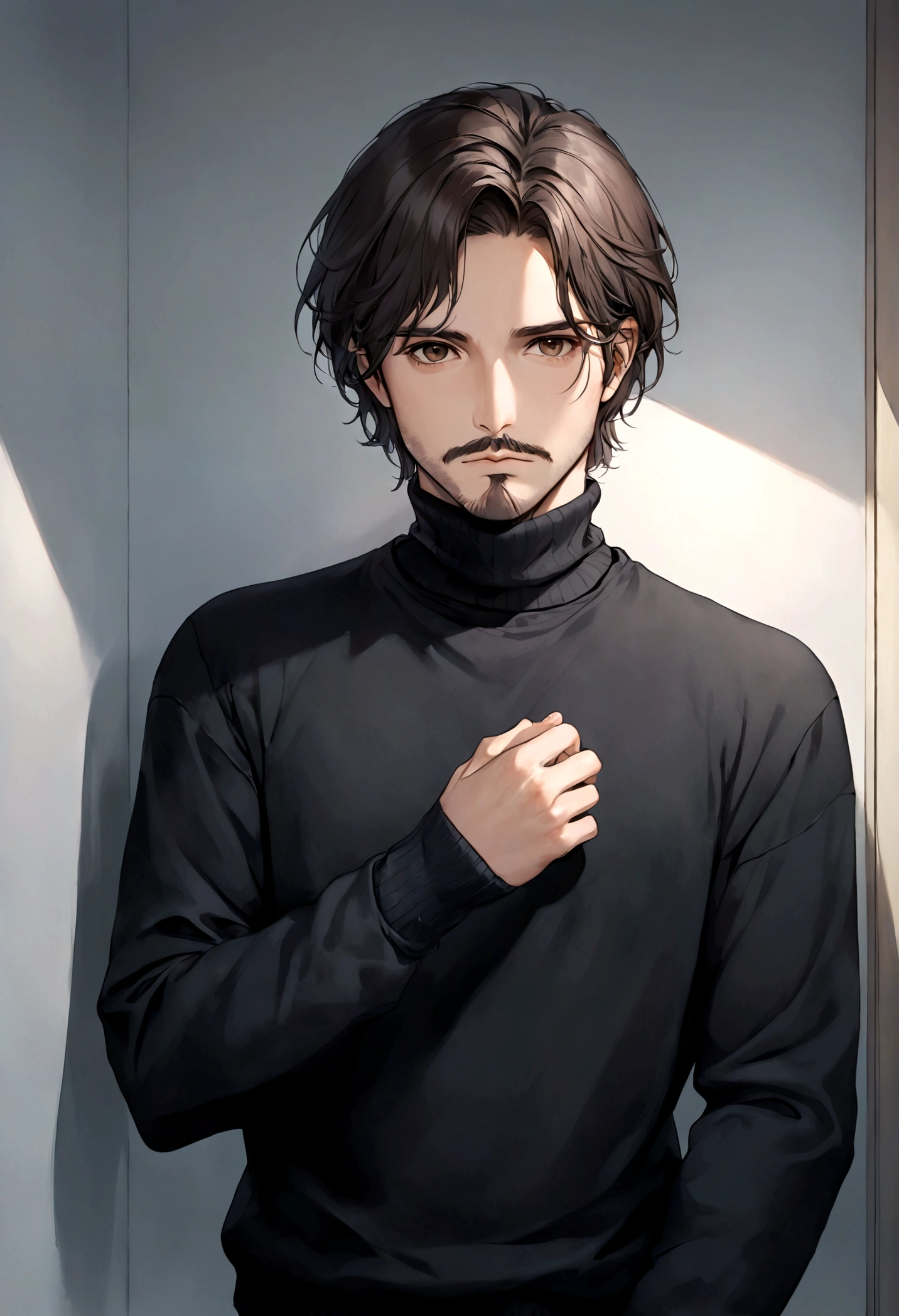 (black turtleneck sweater, A men's turtleneck sweater), ), ((bigote estilo Van Dyke y (barba de chivo) "Van Dyke", Van Dyke beard)), (light brown eyes), Aspecto atractivo y serio, cabello muy largo oscuro, messy hair, Elegante y con estilo, abrigo elegante color gris largo, Un hombre similar al actor Jim Morrison con el cabello largo, ((cabello muy largo)) (Imagen realista y de alta calidad), Apartamento escandinavo en el fondo simple de un cuarto, ((La mejor calidad, 8K, obra maestra).((pose dinamica))