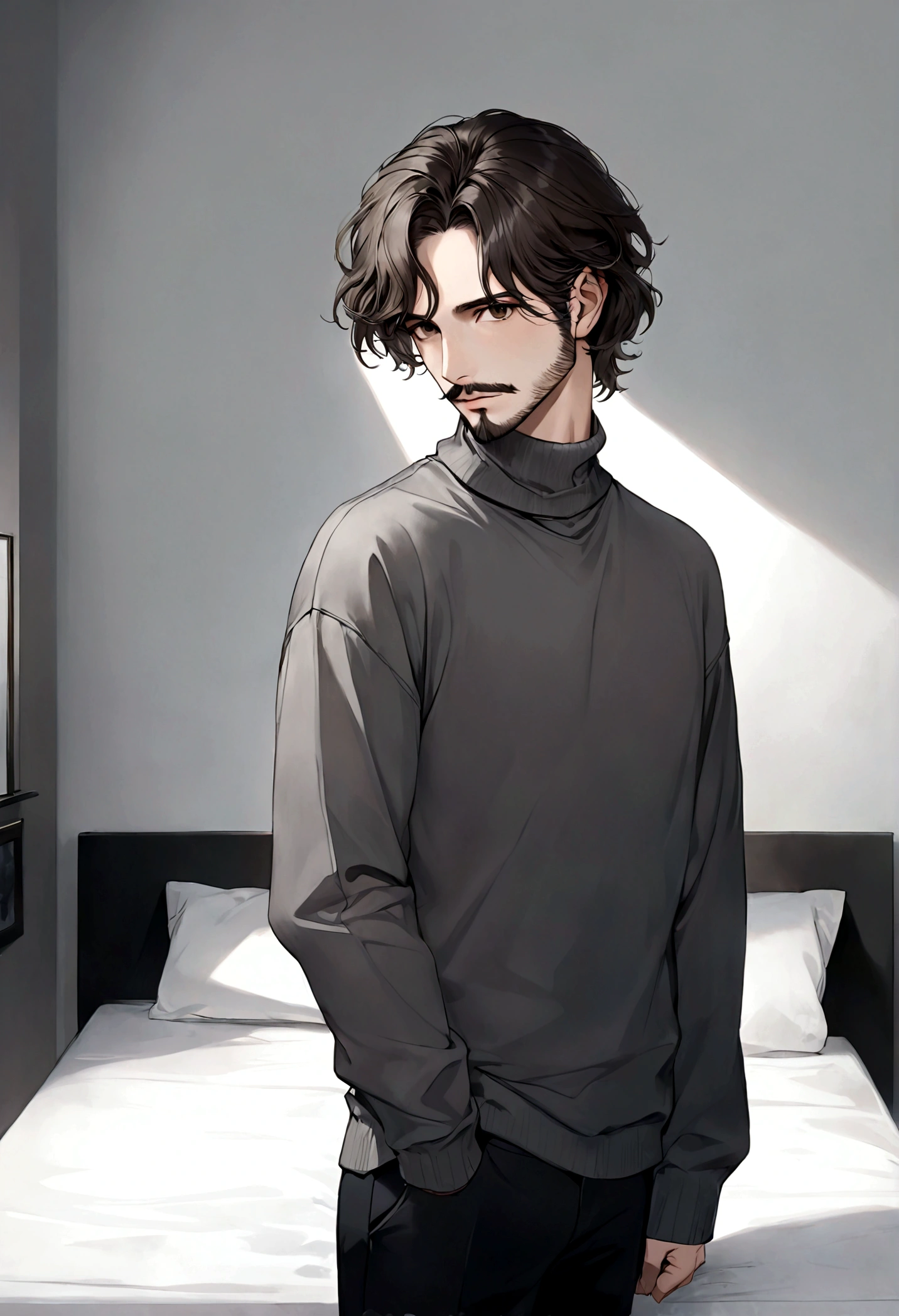(black turtleneck sweater, A men&#39;s turtleneck sweater), ), ((bigote estilo Van Dyke y (barba de chivo) "Van Dyke", Van Dyke beard)), (light brown eyes), Aspecto atractivo y serio, cabello muy largo oscuro, messy hair, Elegante y con estilo, abrigo elegante color gris largo, Un hombre similar al actor Jim Morrison con el cabello largo, ((cabello muy largo)) (Imagen realista y de alta calidad), Apartamento escandinavo en el fondo simple de un cuarto, ((La mejor calidad, 8K, obra maestra).((pose dinamica))
