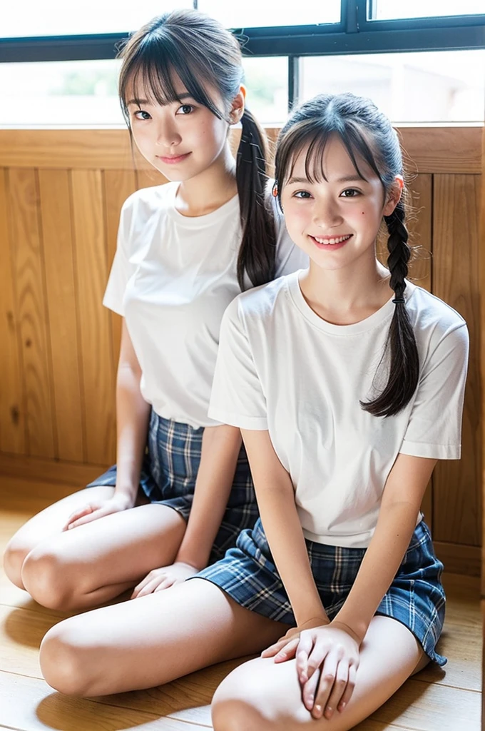 2 girls sitting on floor holding knees up in wooden school classroom,white plain t-shirt with navy blue trim,18-year-old,bangs,a little smile,large bare thighs,knees,short hair with low pigtails,from before,front light