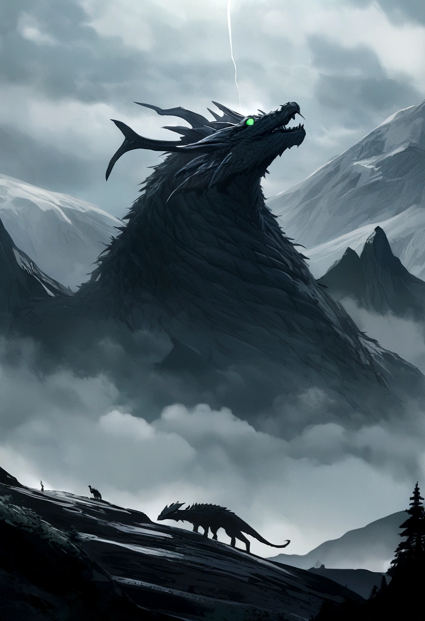 black dragon,green eyes,Big one,on the mountain,No need for humans,The dragon is alone.