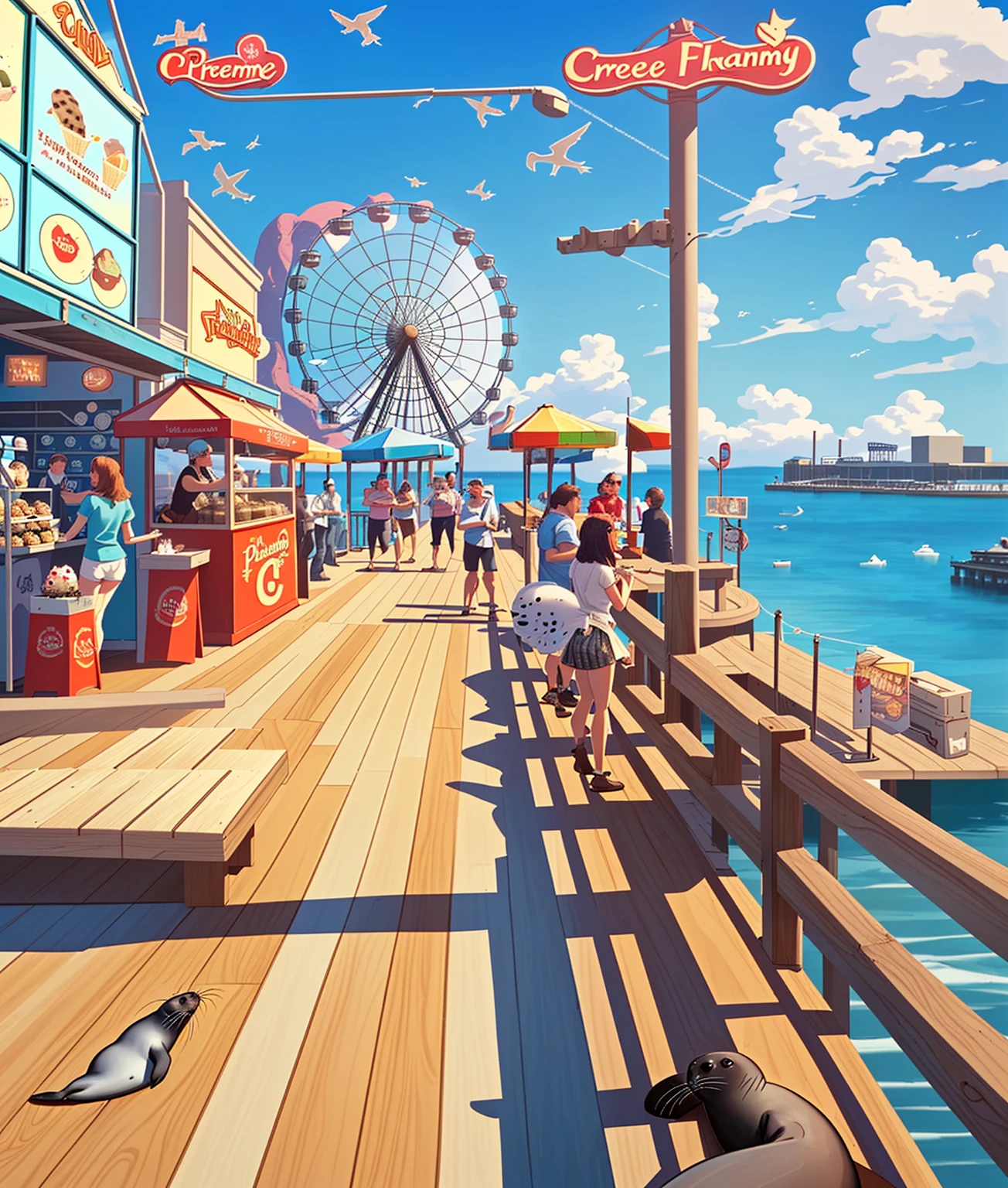 pier with seals, seals by the water, promenade, restaurants, street ice cream, ice cream stand, photo booth, seals, seals, lots of flying seals, rides, large Ferris wheel