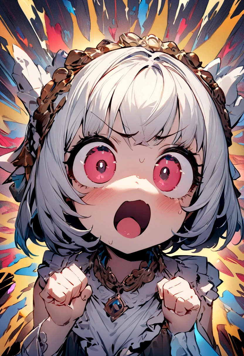 popart,(best quality, masterpiece, ultra high-resolution, ultra-detailed: 1.2), a cute girl screaming "Say hello to my little friend!",has big gun,Expression of madness,