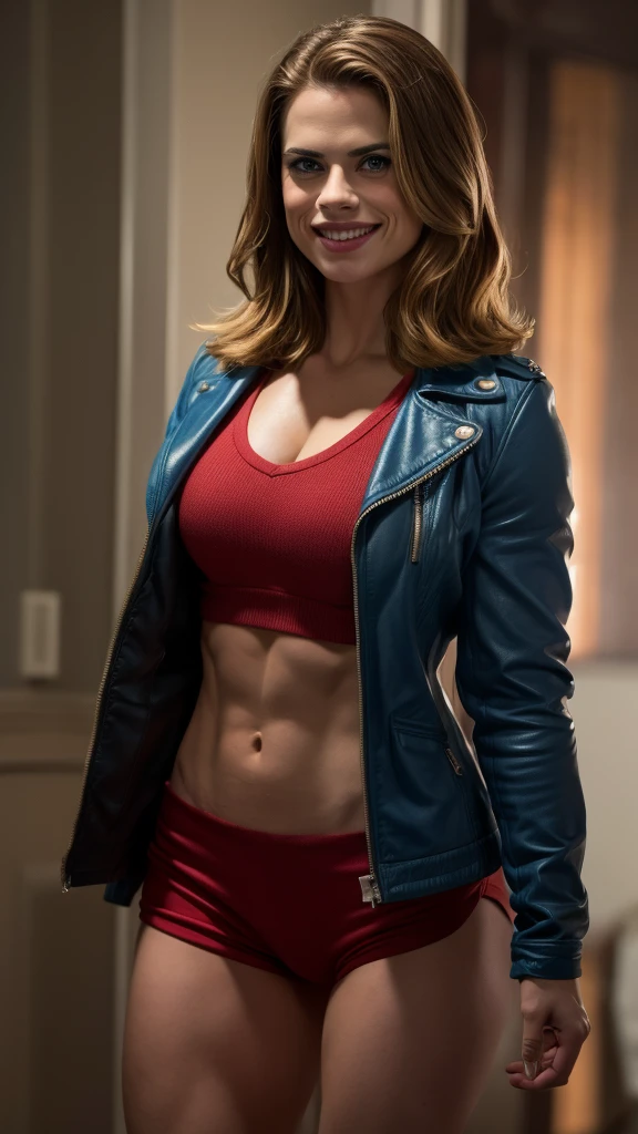 Hayley Atwell, ChristiaAOT, 1girl, solo, athletic muscular physique, ripped abs, veins everywhere, christa renz, smile, hair between eyes, blue eyes, blonde hair, jacket, medium hair,